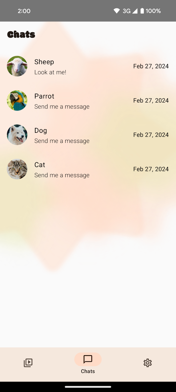 The Chats screen of the SocialLite app. 