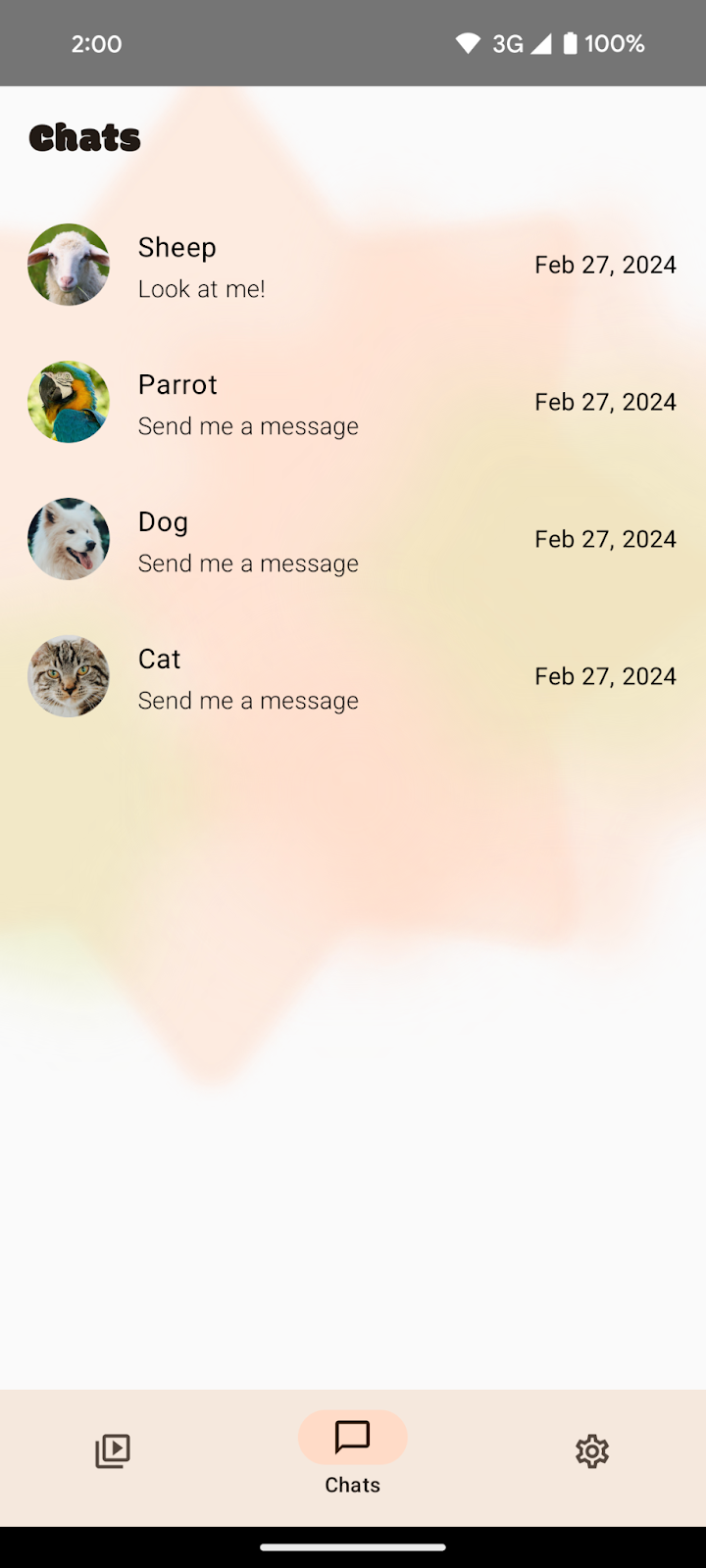 Tela de chats do app SocialLite. 