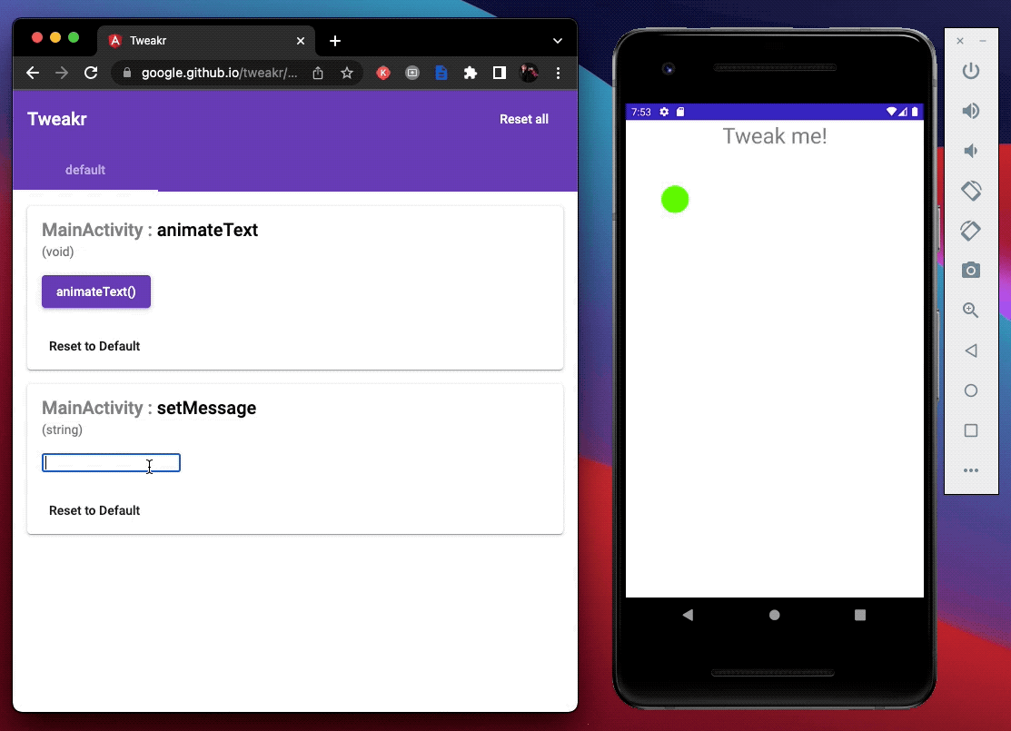 Tweakr 网站,此时应用正在运行,Android 手机模拟器旁边有 textfield。在 textfield 中输入内容会改变模拟器中的文本 322a56390bd5fe31.gif