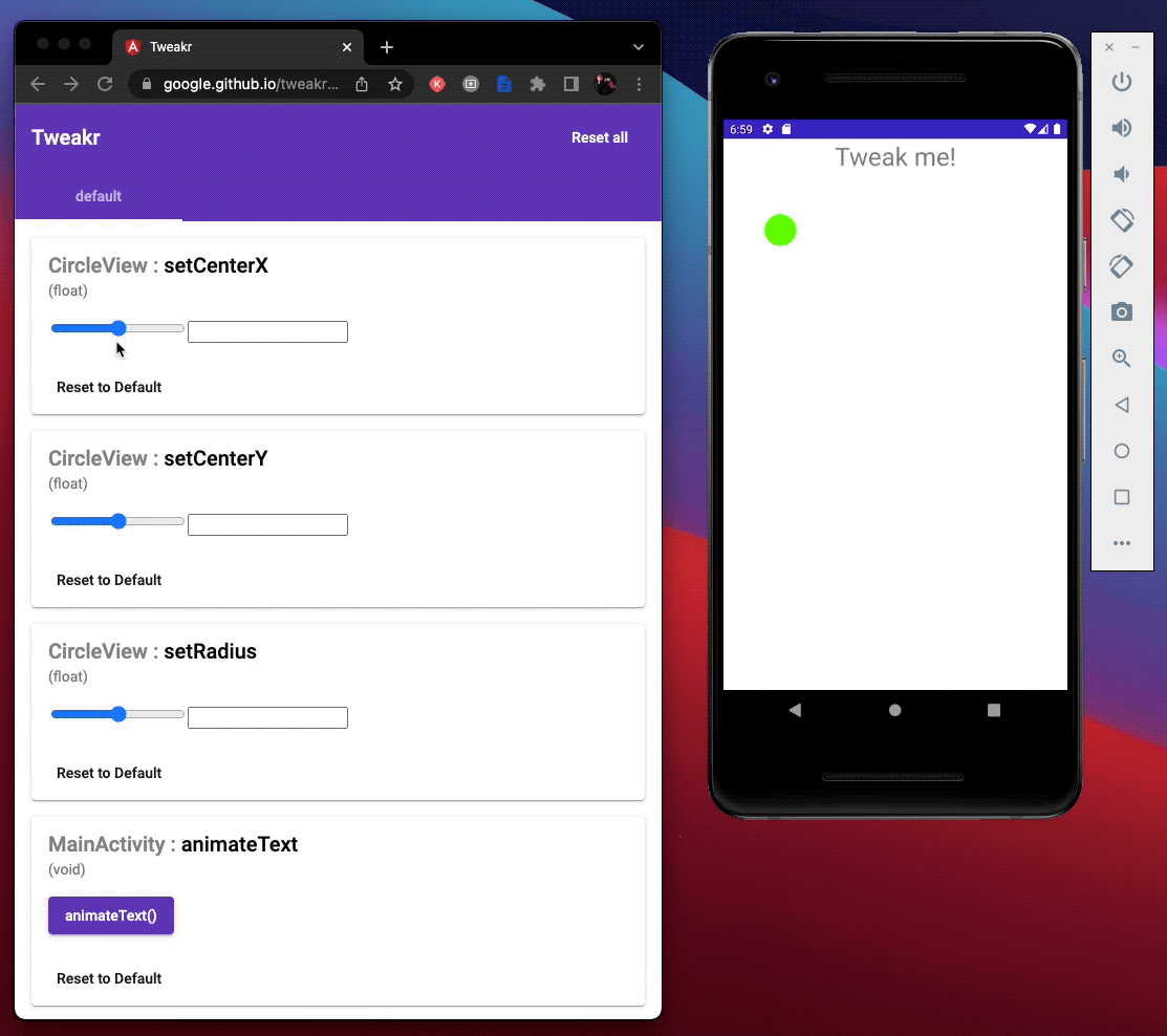 Situs Tweakr dengan penggeser untuk circleRadius, x, y di samping emulator ponsel Android dengan aplikasi yang berjalan. Jika penggeser digerakkan, lingkaran akan bergerak dan ukurannya akan berubah di emulator 80e03628ec47917c.gif