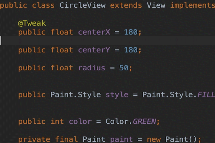 사용자가 필드에 @Tweak을 입력한 후 웹사이트에서 슬라이더를 사용하여 그러한 필드를 제어하는 모습. 슬라이더를 움직이면 원이 화면에서 움직이는 모습 c407af6de21474.gif