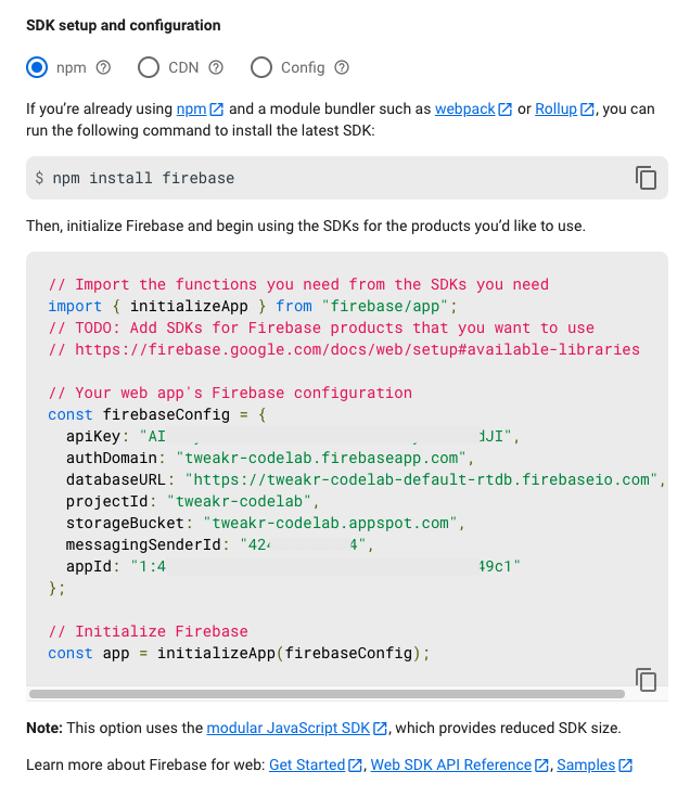 Screenshot opsi Setup SDK dan konfigurasi, dengan kode firebaseConfig c4f2e17447f8442c.png
