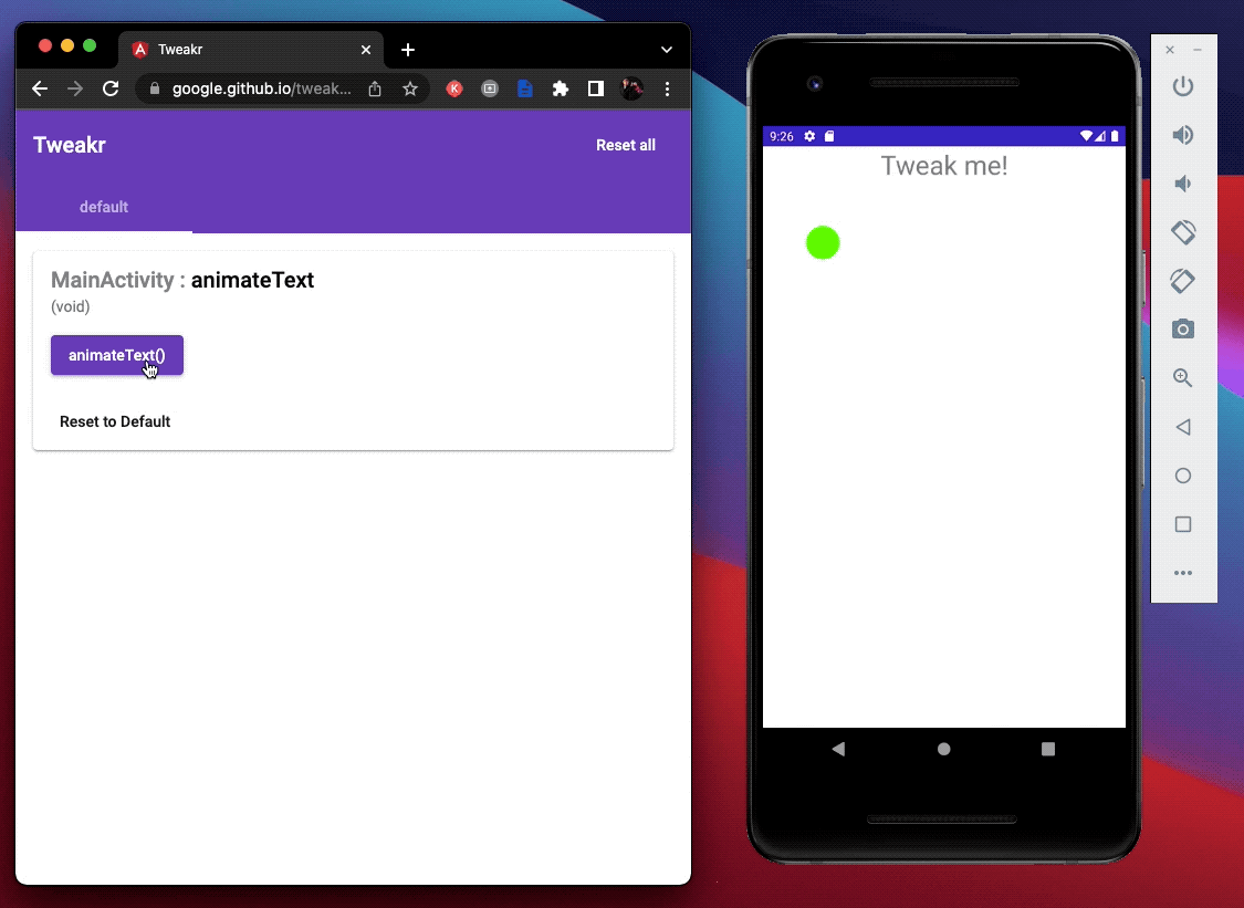 Situs Tweakr dengan tombol animateText() di sebelah emulator ponsel Android dengan aplikasi sedang berjalan. Mengklik tombol akan memutar teks di emulator f238f06c1cf5583e.gif