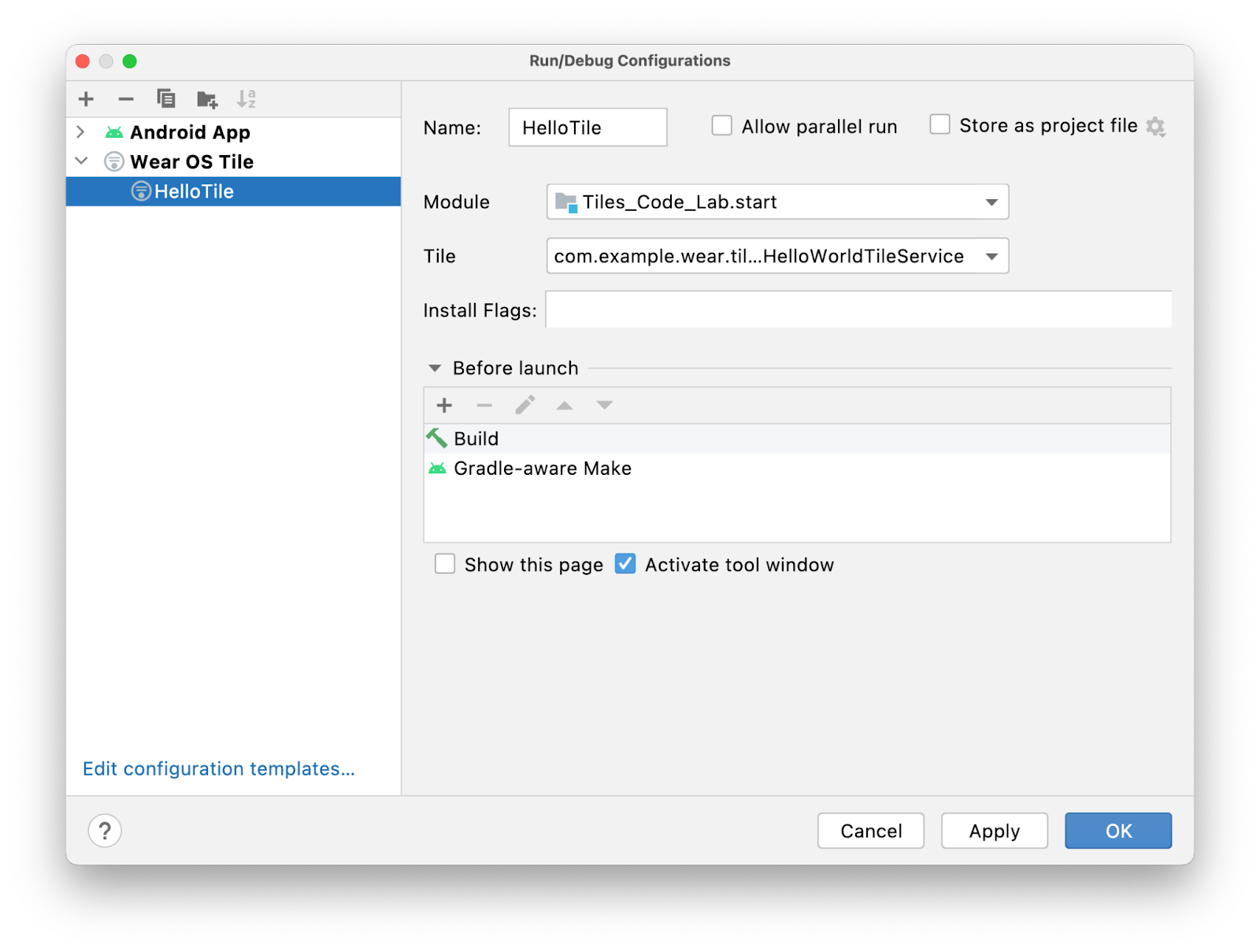 Edit Configuration menu with a Wear OS Tile called HelloTile being configured.