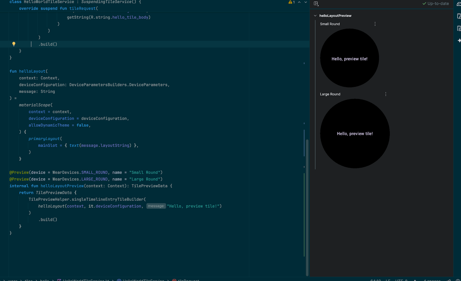 split screen view of Android Studio with preview code on the left and an image of the tile on the right.