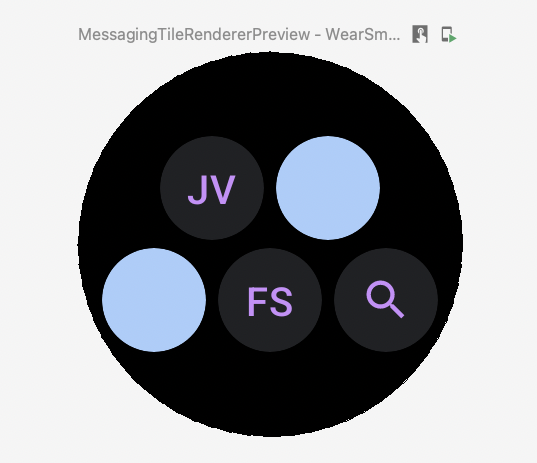 Visualização do bloco com cinco botões em uma pirâmide 2 x 3. O segundo e o terceiro botões são círculos azuis, indicando imagens ausentes.