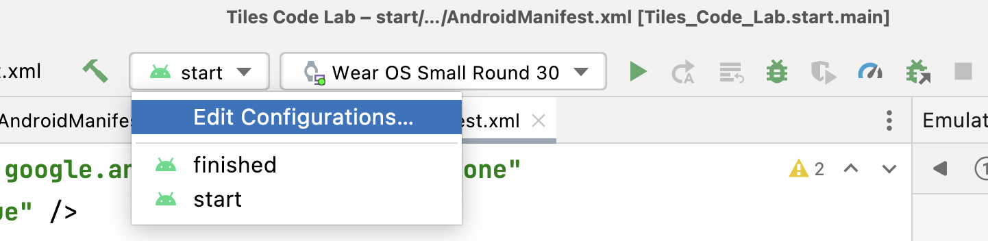 Android 스튜디오의 상단 패널에 있는 실행 구성 드롭다운 강조 표시된 Edit Configurations