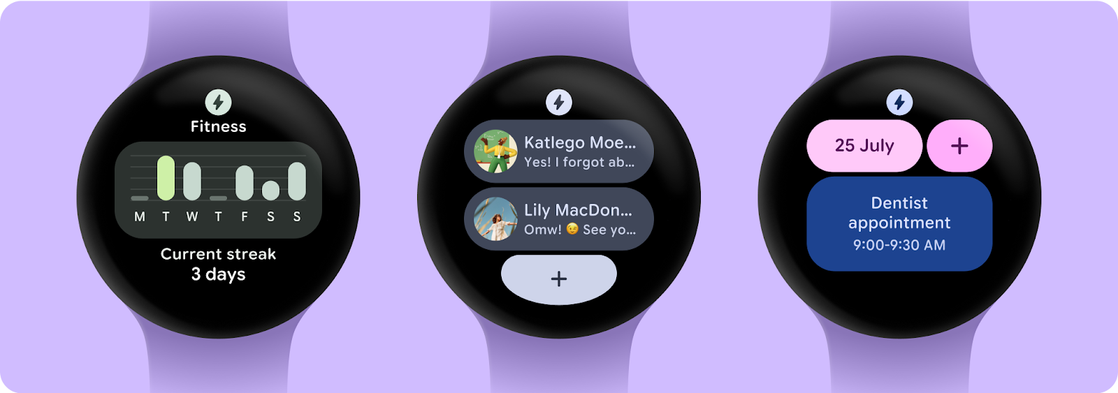 Three tiles: fitness, messages, calendar.
