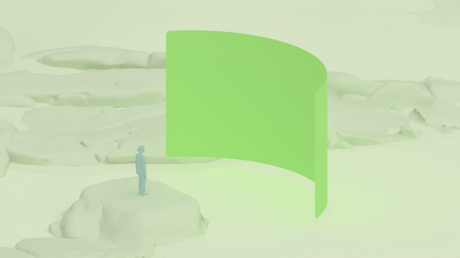 Une personne debout dans un environnement spatial rocheux avec un grand panneau d'interface utilisateur au milieu du champ.