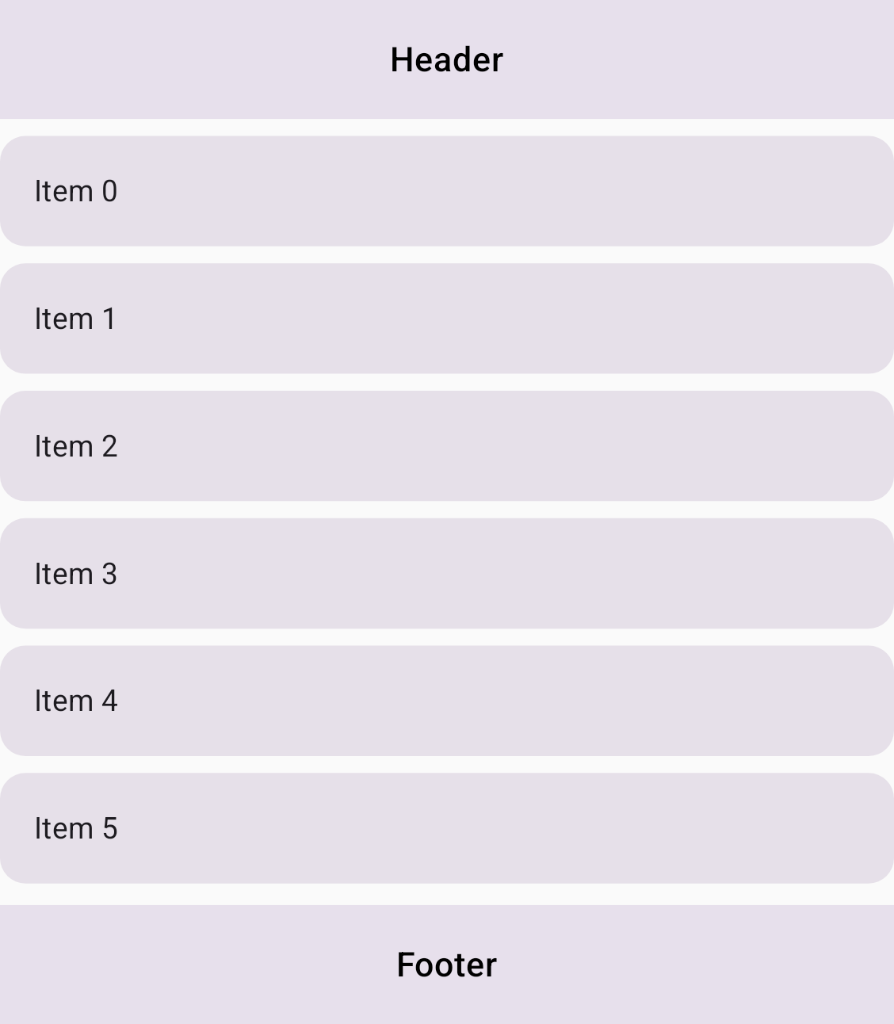 Screen layout with a top Header, a scrollable list of items in the main content area, and a bottom Footer.