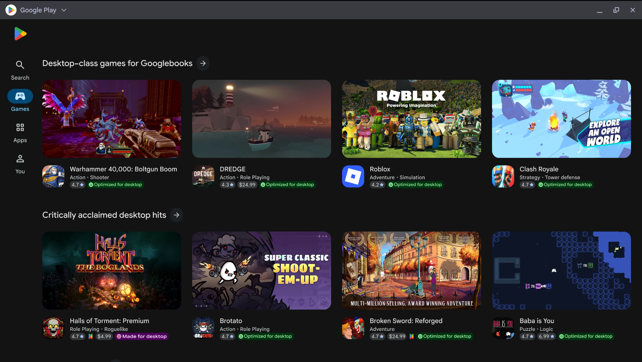 Google Play Store-Schaufenster mit Sammlungen von Apps und Spielen mit dem Badge „Für Desktop optimiert“