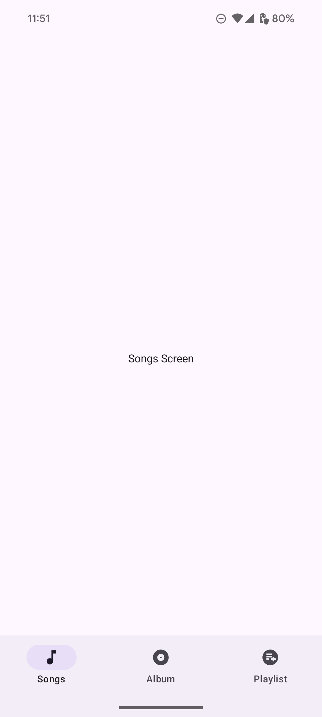 An app screen with 3 destinations listed horizontally in a bottom navigation bar: Songs, Album, and Playlist. Each destination has a relevant icon paired with it (e.g., a music note for "Songs").