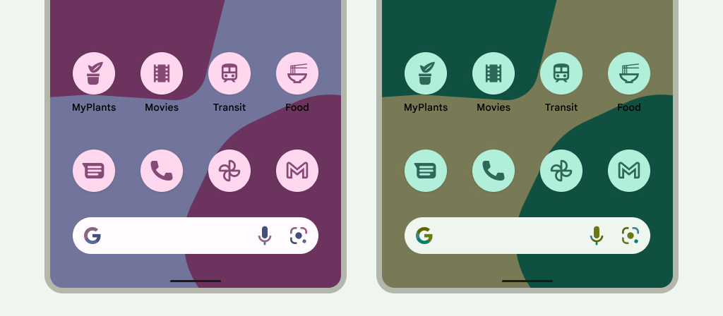 Exemple de trois appareils Android, chacun affichant un thème utilisateur différent avec des teintes différentes : le premier affiche un fond d'écran avec une teinte foncée ; le deuxième affiche un fond d'écran avec une teinte dorée ; le troisième affiche un fond d'écran avec une teinte gris clair et bleutée. Dans chaque exemple, les icônes ont hérité de la teinte du fond d'écran et se fondent parfaitement dans le décor.