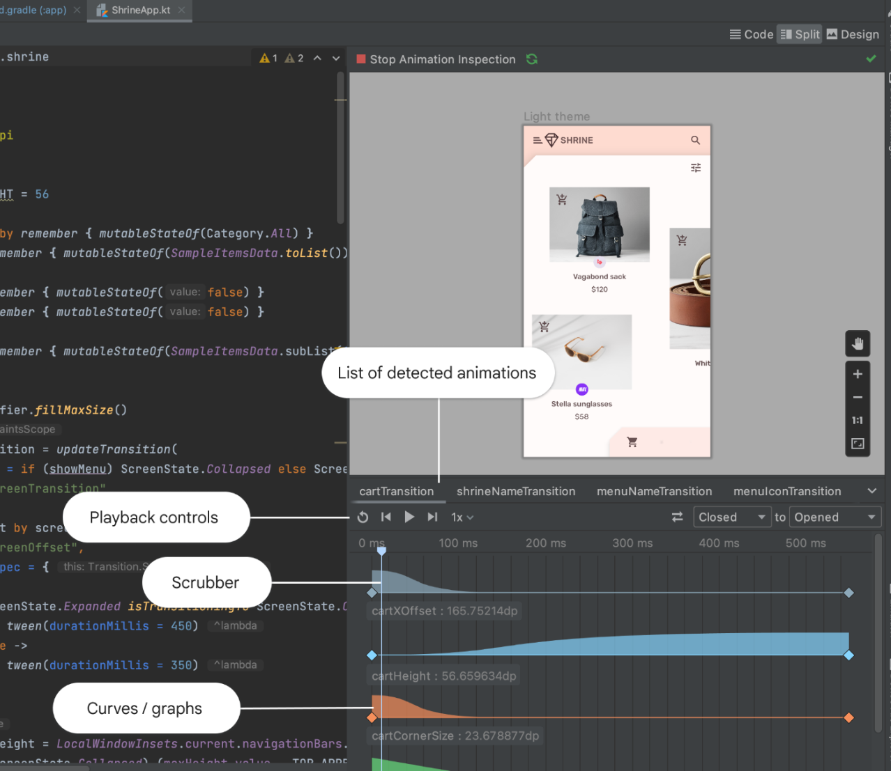 Android Studio में ऐनिमेशन की झलक दिखाने वाला पैनल. इसमें ऐनिमेशन और उनकी प्रॉपर्टी की टाइमलाइन दिखाई गई है.
