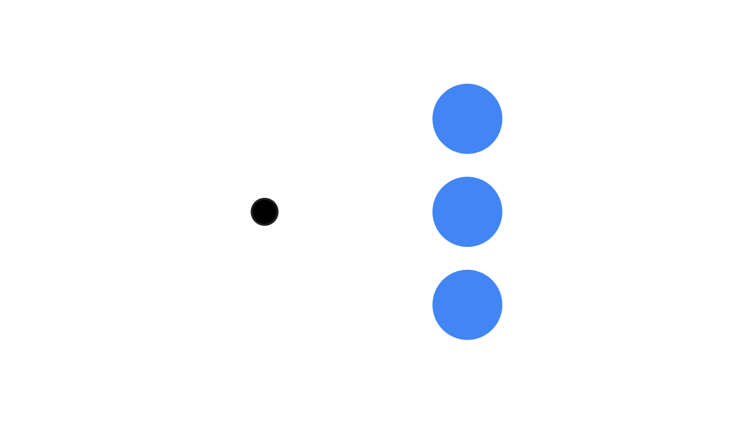 3 つの円と緑色の矢印がそれぞれ 1 つずつアニメーション化され、同時にすべてアニメーション化されている。