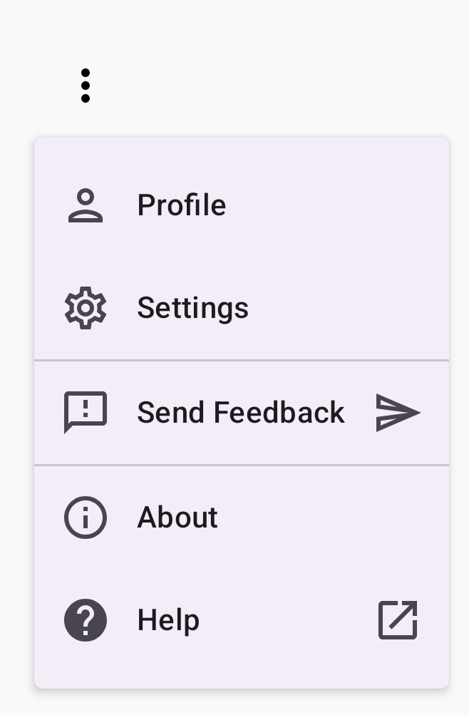 A dropdown menu with sections for Profile, Settings, Send Feedback, About, and 