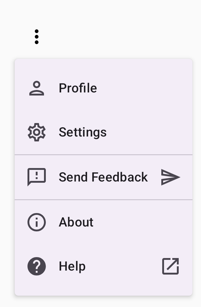Um menu suspenso com seções para "Perfil", "Configurações", "Enviar feedback", "Sobre" e "Ajuda". Cada opção tem um ícone, como um ícone de pessoa para "Perfil".