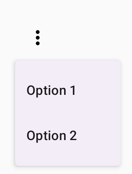 Un menú desplegable activado por un ícono con tres puntos verticales. El menú muestra dos opciones para elegir: Opción 1 y Opción 2.