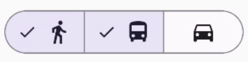 Um componente de botão segmentado com as opções "Caminhar", "Pedalar" e "Dirigir" é mostrado. As opções "Caminhar" e "Dirigir" estão selecionadas.