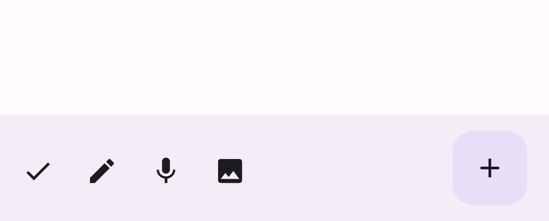 Una pantalla en una app con una barra de apps inferior que contiene cuatro íconos de acción en el lado izquierdo y un botón de acción flotante en el lado derecho.