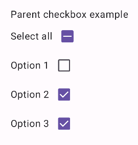 ラベル付きの、チェックされていない一連のラベル付きチェックボックス。1 つを除くすべてのチェックボックスがオフになっている。[すべて選択] というラベルのチェックボックスは停止しており、ダッシュが表示されています。