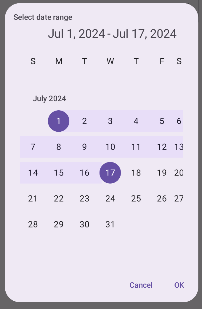 Exemplo de seletor de data de período modal.