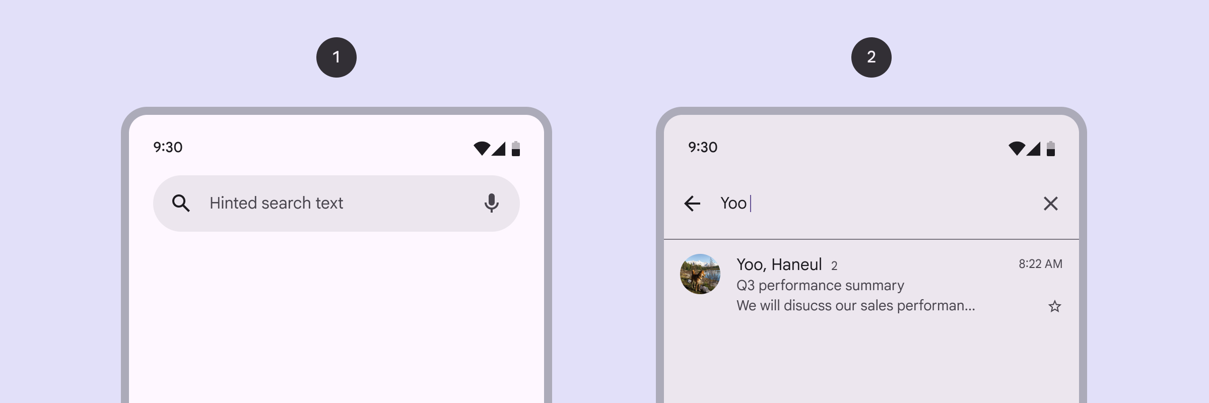 Two search bars are shown. The one on the left only has a text field.
  The search bar on the right has a text field and a search suggestion beneath it.