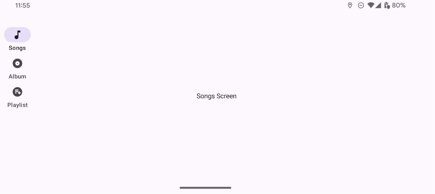 A vertical navigation rail with 3 destinations with associated icons: Songs, Album, and Playlist. Icons visually indicate the purpose of each navigation button in the rail. Each destination has a relevant icon paired with it (e.g., a music note for 'Songs').