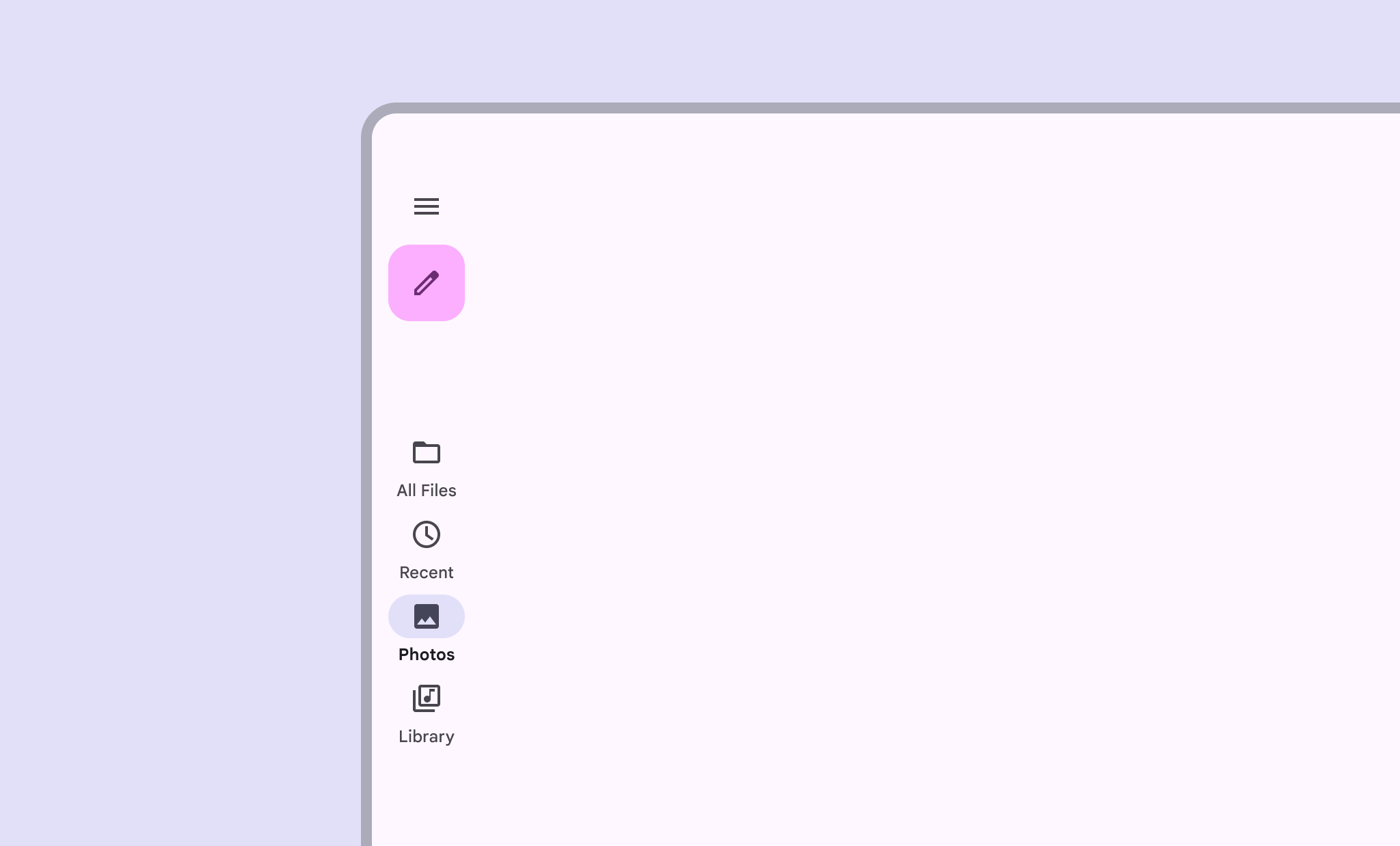 A vertical navigation rail on the left side of a screen with four destinations (All Files, Recent, Photos, and Library), each with an associated icon, and a floating action button.