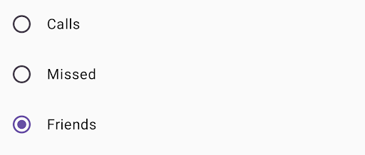 A list of three radio buttons labeled Calls, Missed, and Friends. The Friends radio button is selected.