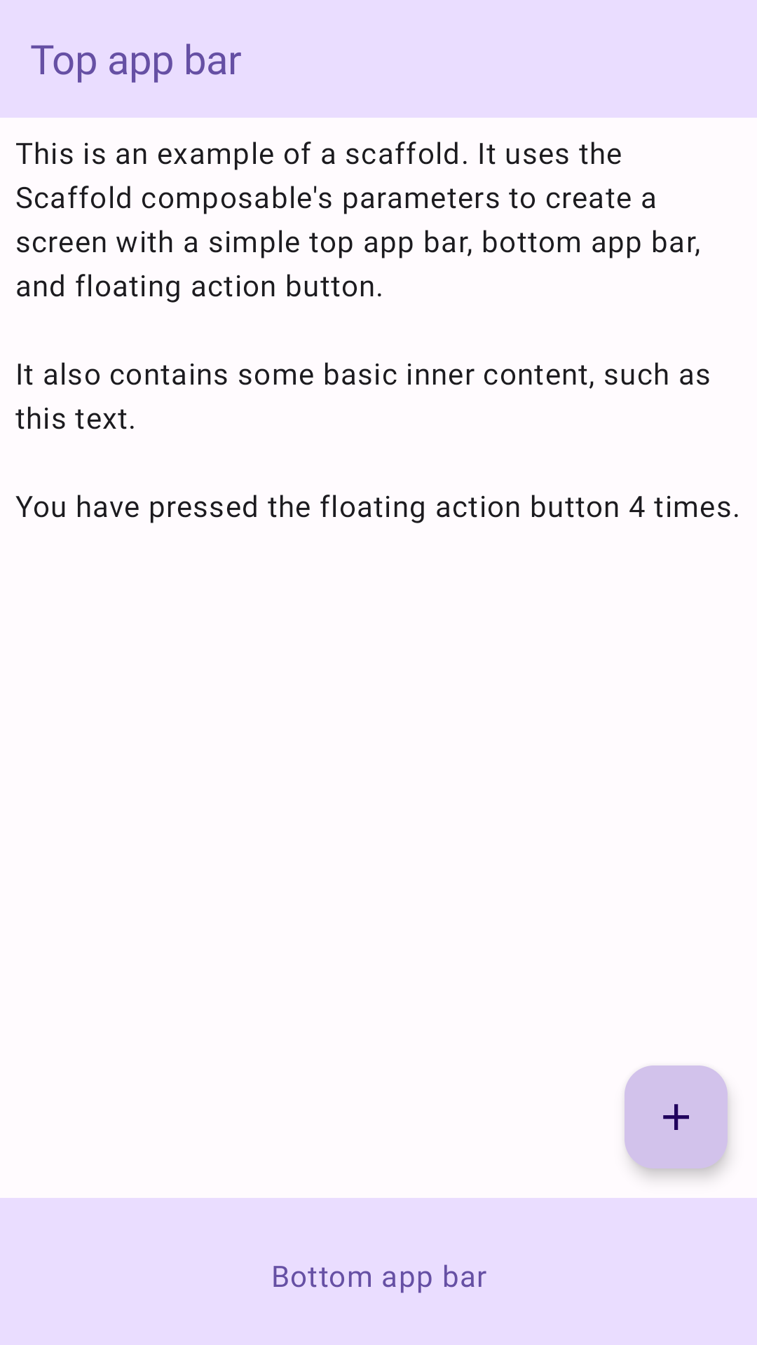 Un'implementazione di uno scheletro che contiene semplici barre dell'app superiore e inferiore, nonché un pulsante di azione mobile che esegue l'iterazione di un contatore. Il contenuto interno dello schema è un semplice testo che spiega il componente.
