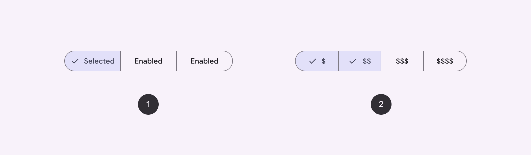 A segmented button component is shown. The first button allows a single selection, while the second button allows multiple selections.