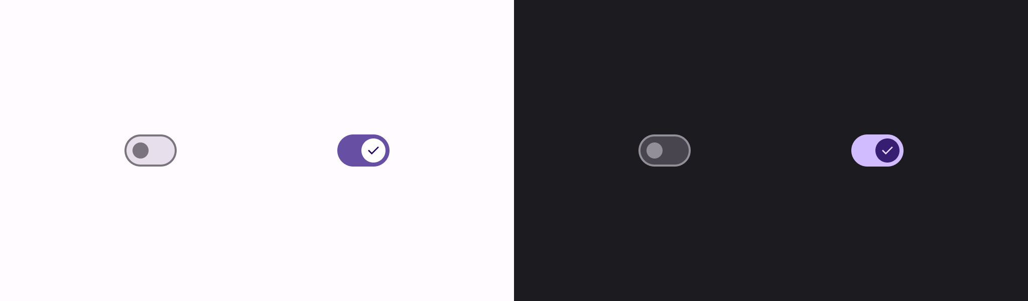 Exemples du composant Switch en mode clair et en mode sombre.