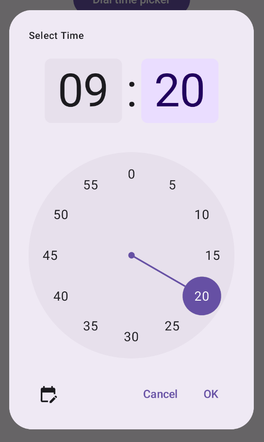 Un selector de hora en un diálogo personalizado que implementa un título, un botón de activación de modo y botones de descarte y confirmación.