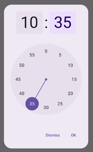 Um seletor de horário em uma AlertDialog que implementa um título, uma alternância de modo e botões de dispensar e confirmar.