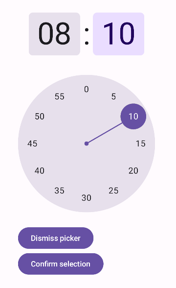 Un selector de hora de marcado. El usuario puede seleccionar la hora con el dial.
