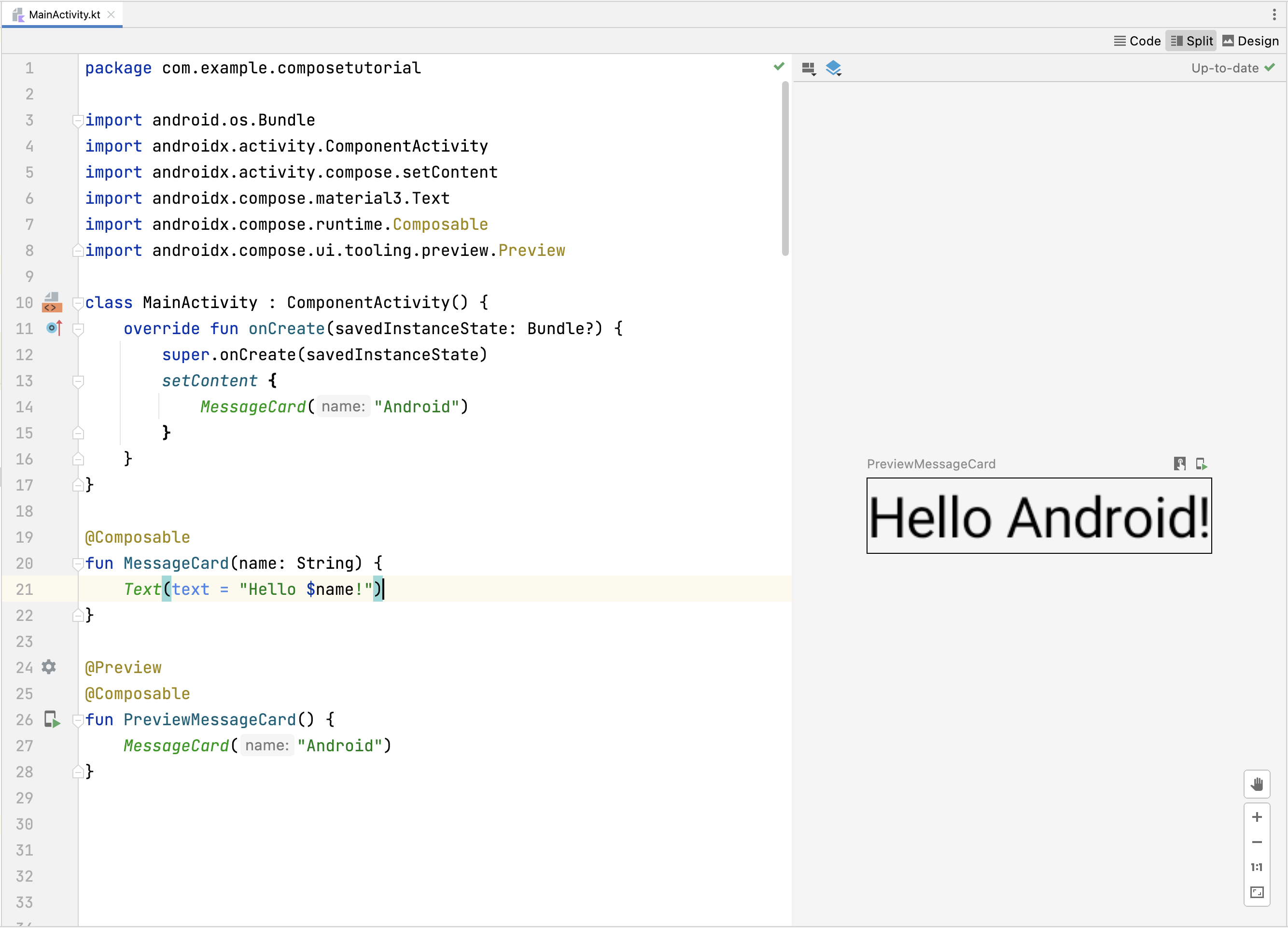 Vista previa de una función de componibilidad en Android Studio
