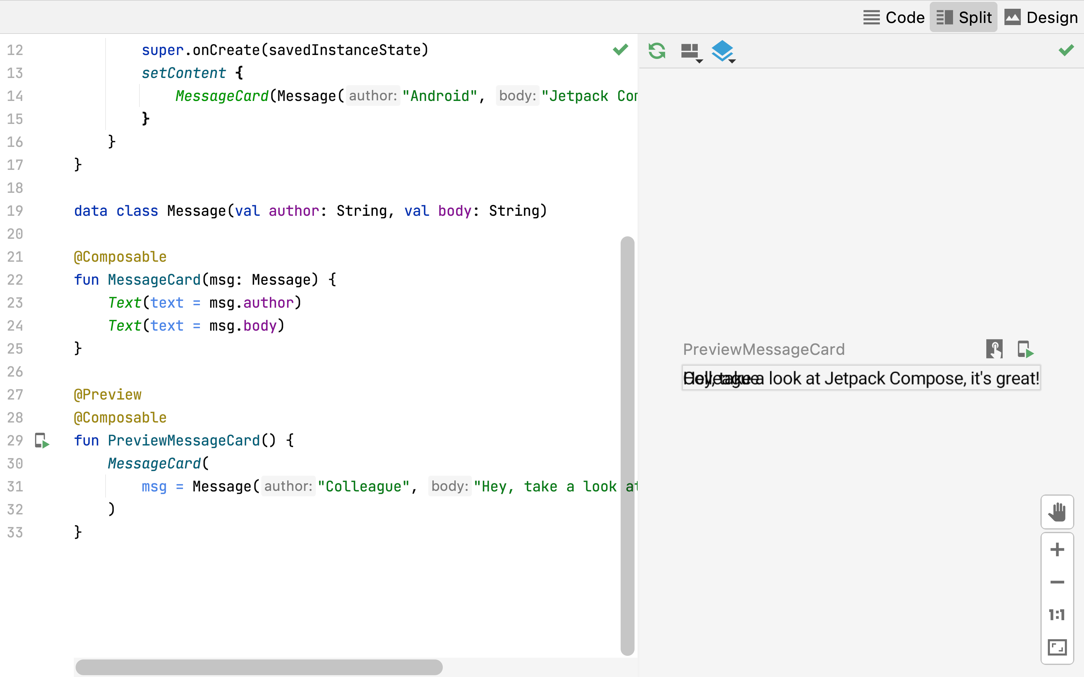 ตัวอย่างของ Composable ที่เป็นข้อความทับซ้อนกัน 2 รายการ