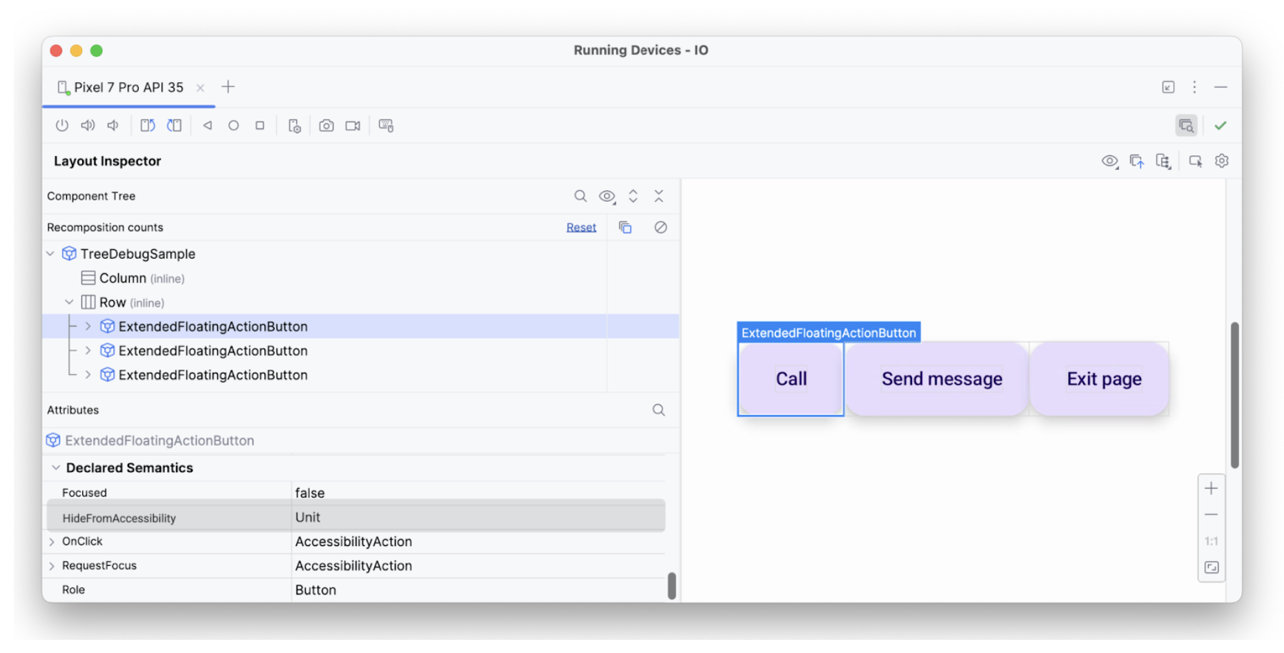 Layout Inspector: phần tử đầu tiên có hideFromAccessibility