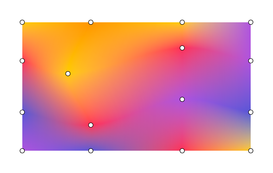 Mesh gradient with bezier control points and wave colors, and the mesh points illustrated on top of it.