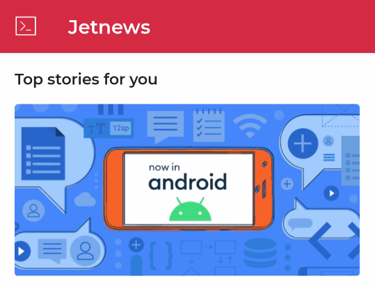 Scaffold を使用して複数の要素を配置している JetNews サンプルアプリ