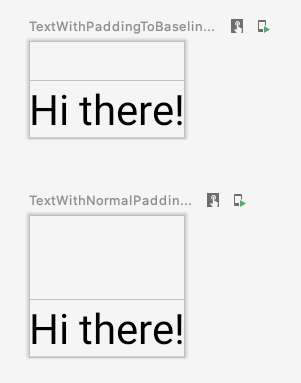 टेक्स्ट एलिमेंट की कई झलकें; एक में एलिमेंट के बीच सामान्य पैडिंग दिखती है, जबकि दूसरे में एक बेसलाइन से अगले बेसलाइन तक पैडिंग दिखती है