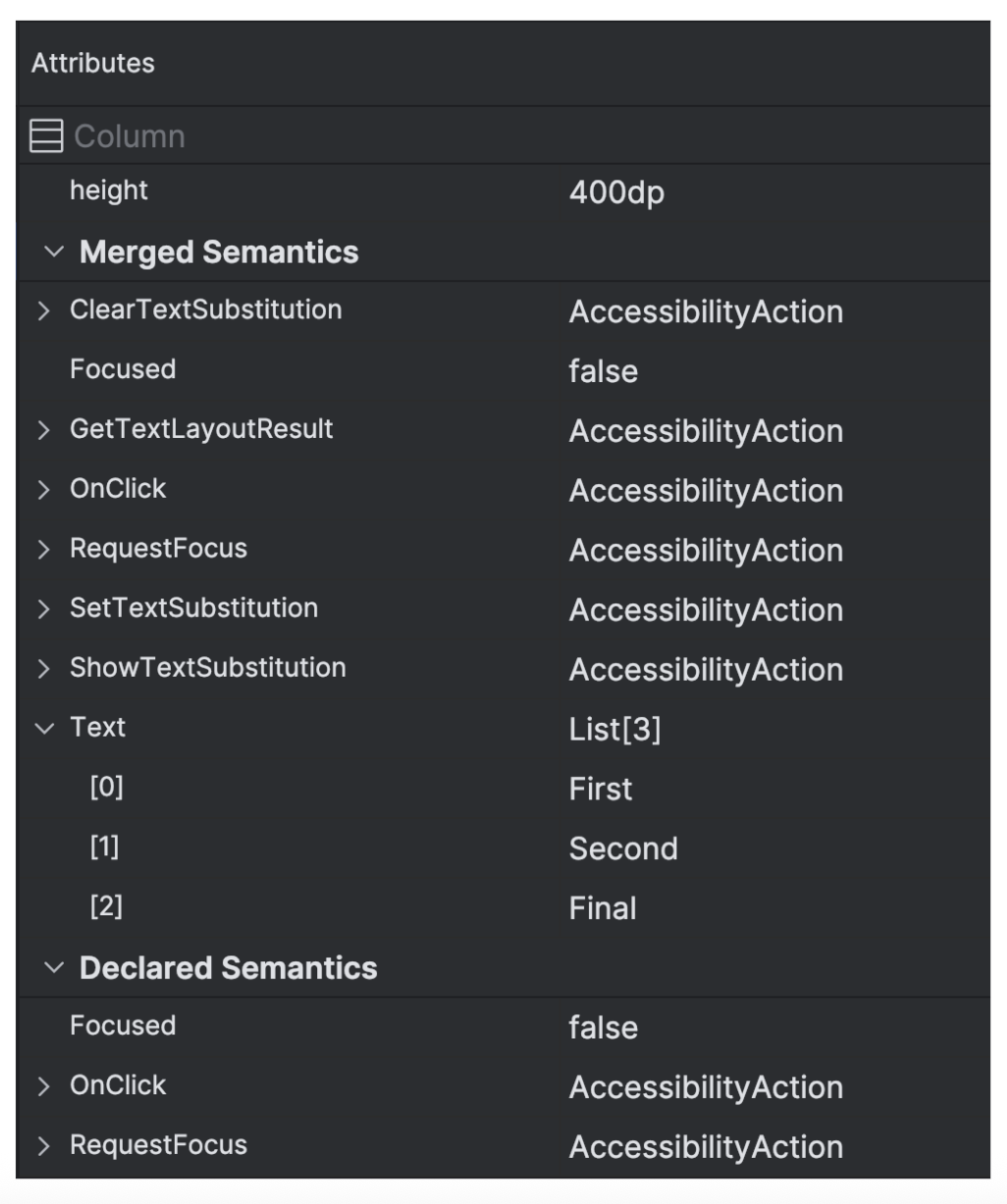 Informazioni semantiche visualizzate utilizzando Layout Inspector.