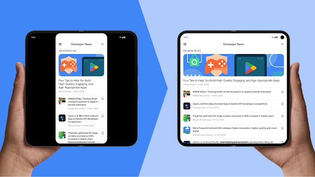 App letterboxed on an open foldable, and the same app full screen with an adaptive layout on another open foldable.