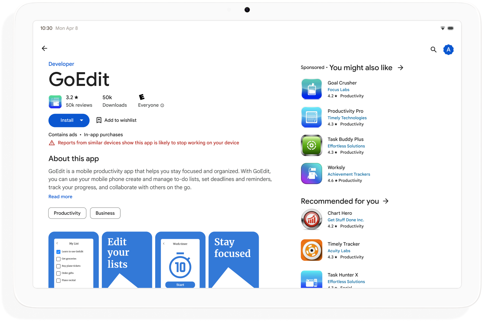 Strona aplikacji w Google Play z ostrzeżeniem „Może nie być zoptymalizowana pod kątem Twojego urządzenia”.