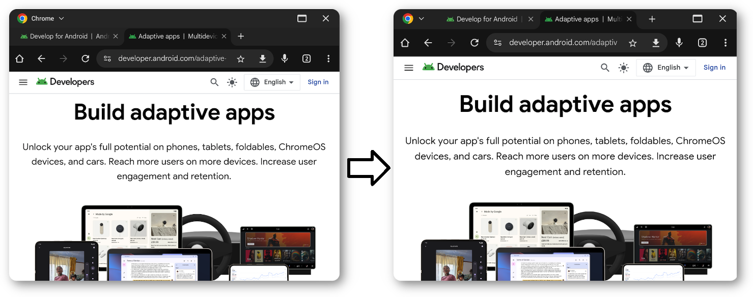 Chrome sebelum dan setelah menerapkan header kustom.
