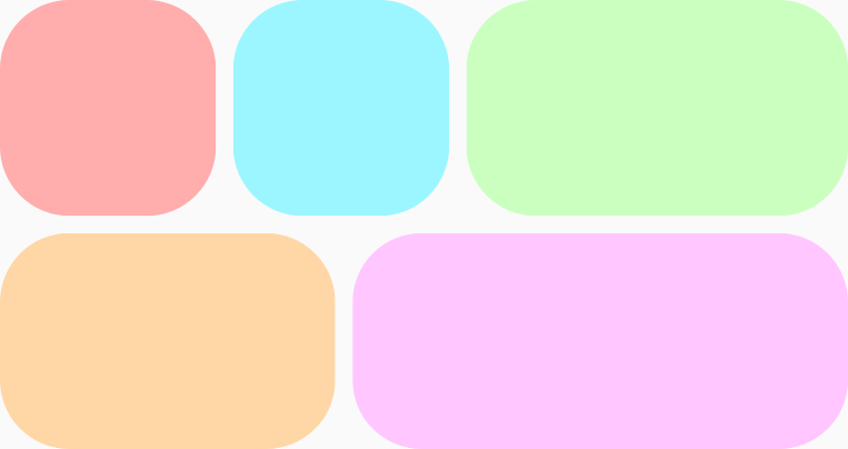 Duas linhas de itens coloridos, com três itens de tamanhos diferentes distribuídos na linha de cima e dois itens de tamanhos diferentes na linha de baixo.