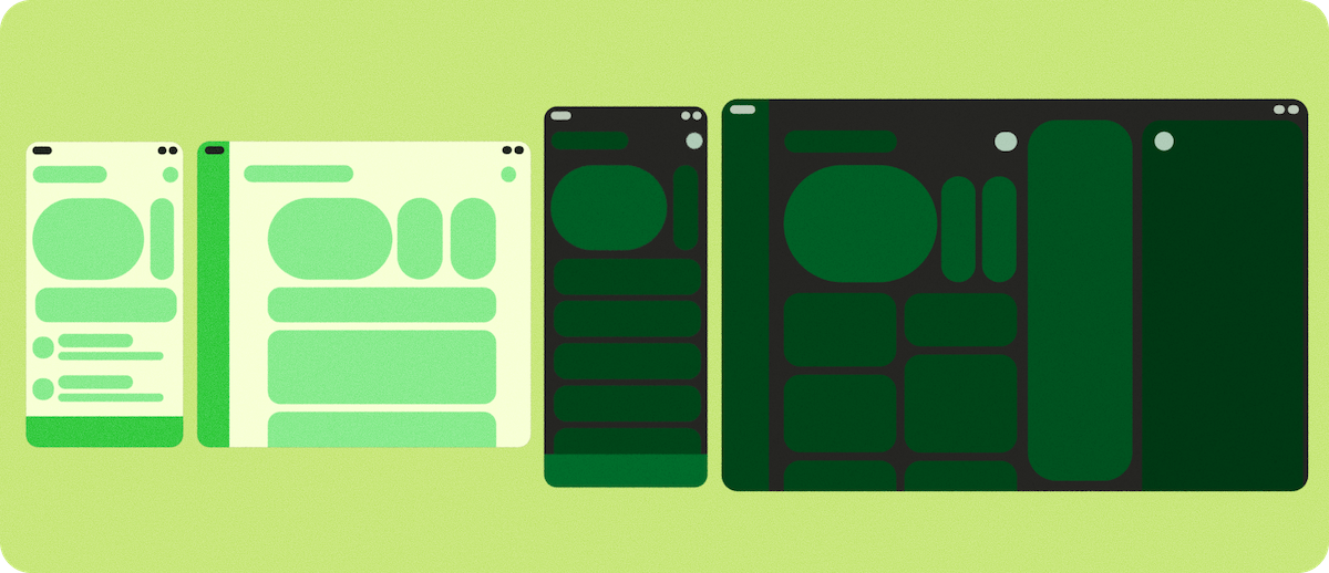 Складная книга горизонтального формата в закрытом и полностью открытом положениях рядом с трехсекционной книгой в закрытом и полностью открытом положениях.