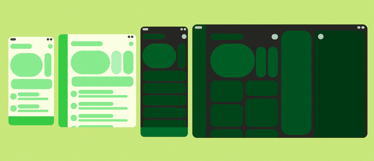 Perangkat foldable lanskap dalam postur tertutup dan terbuka sepenuhnya di samping perangkat trifold dalam postur tertutup dan terbuka sepenuhnya.