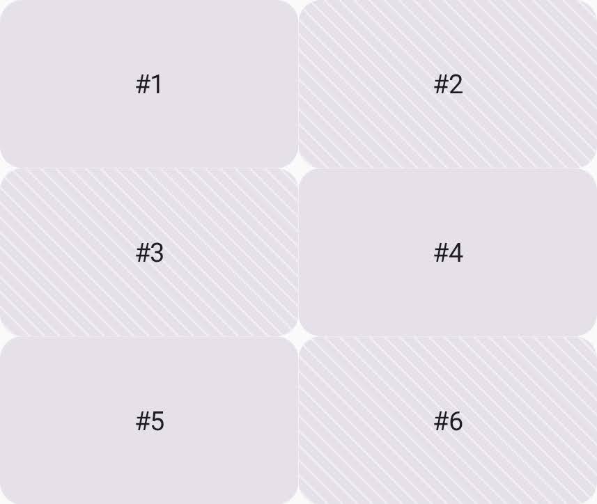 Six cards are placed in a grid that has three rows and two columns.